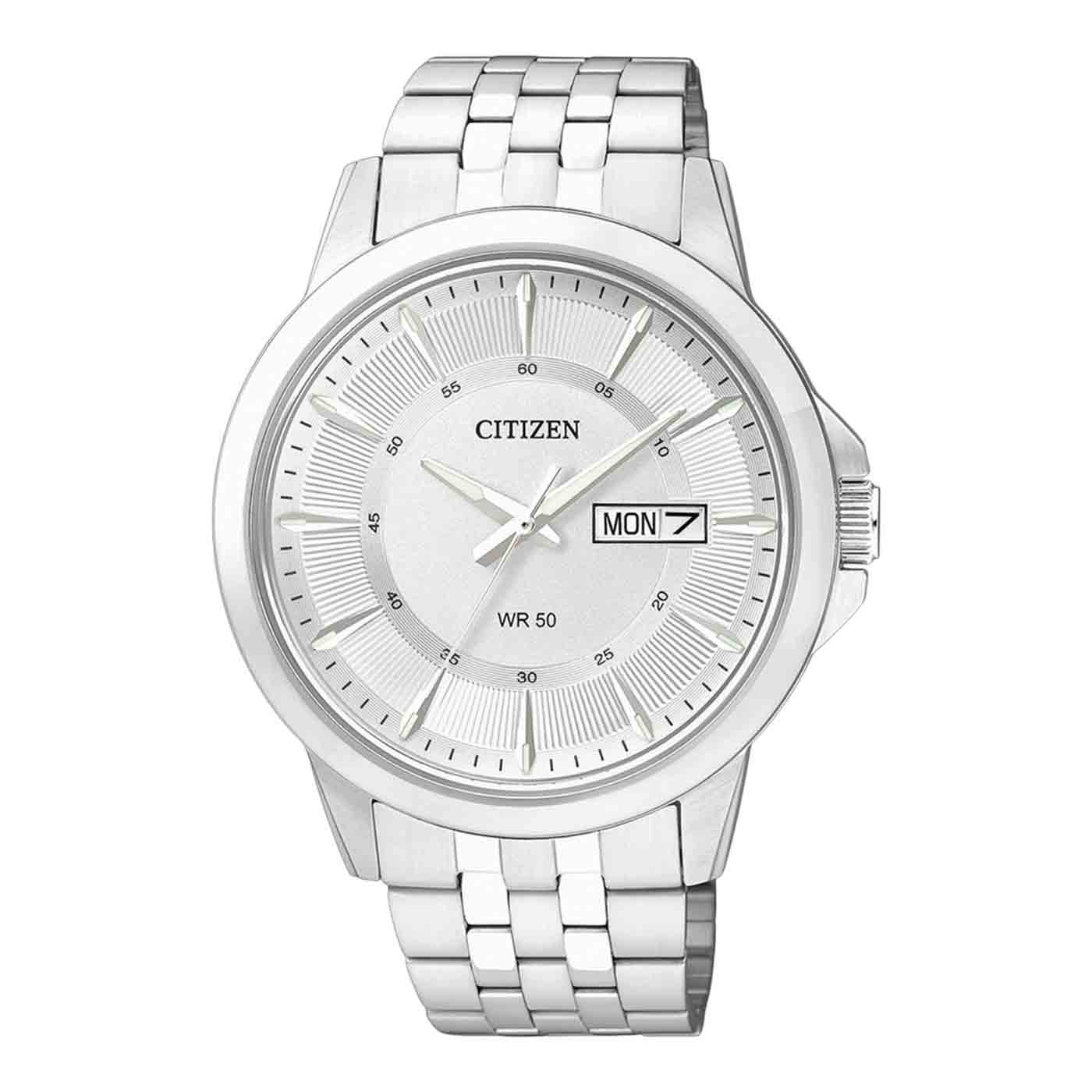 CITIZEN Day Date με Ασημί Καντράν και Ασημί Ατσάλινο Μπρασελέ BF2011-51AE